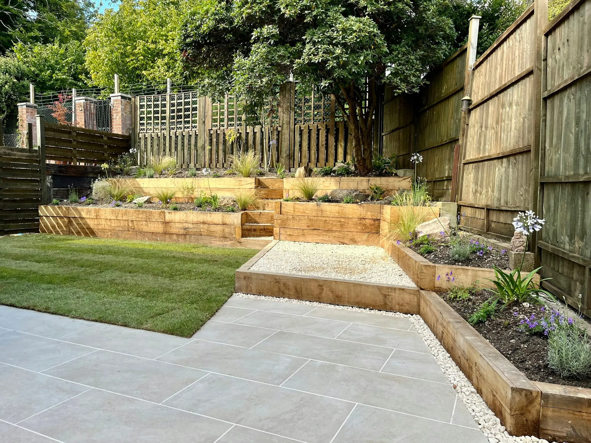 Garden with raised timber sleeper beds, a level lawn and porcelain paving
