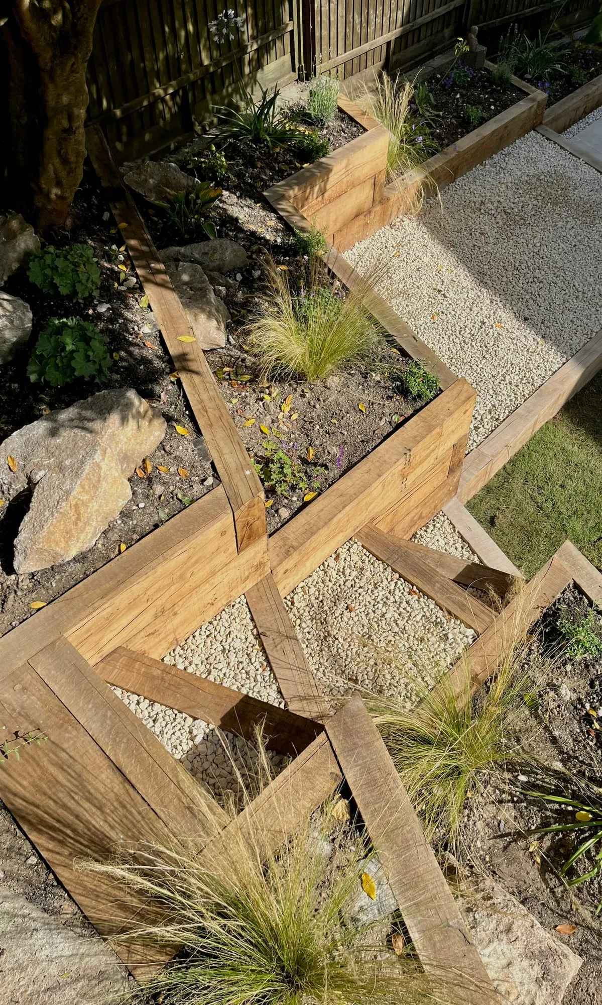 Timber sleepers set in a zigzag pattern to retain a gravelled slope